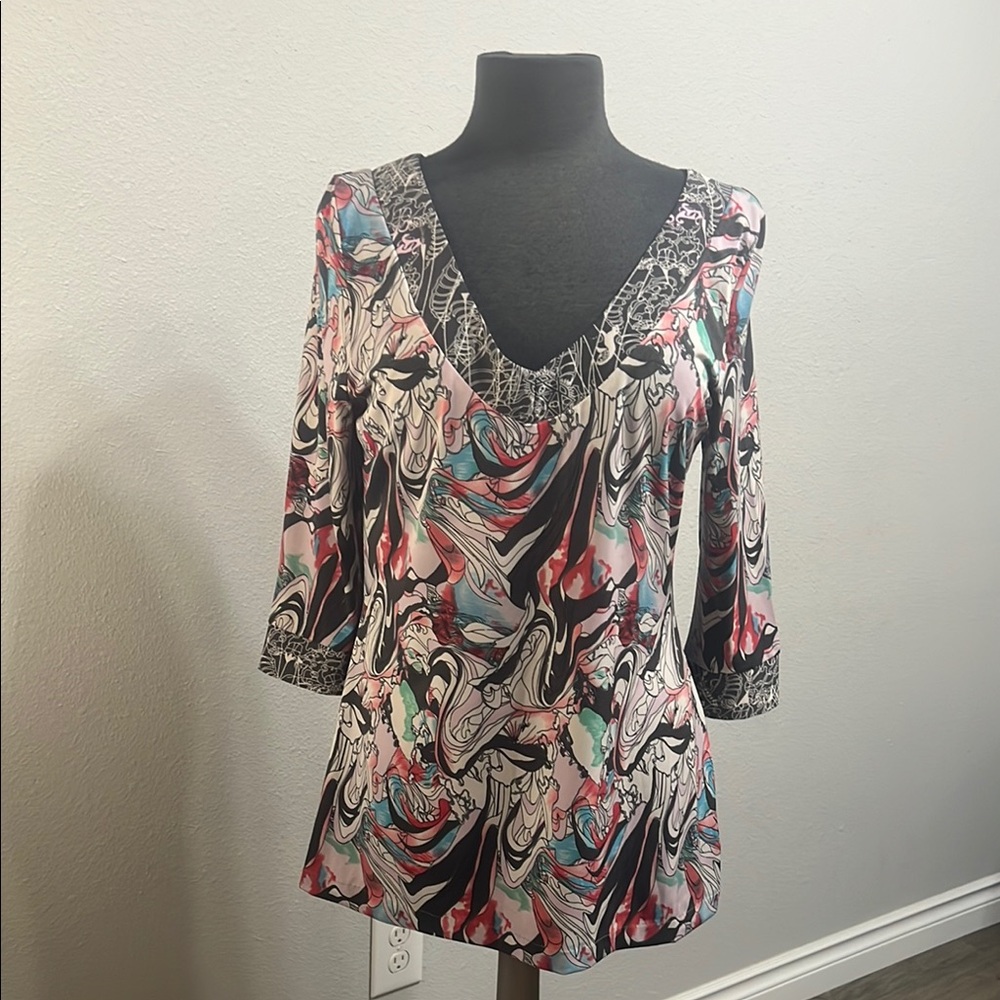 Vertigo Pink and Black Graphic 3/4 Sleeve Blouse